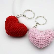 1pc Handmade Crochet Heart-Shaped Keychain, 3D Heart Couple Bag/Car Keyring Charm - Multicolor - View 1