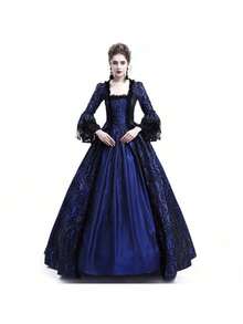 Vestido medieval con mangas acampanadas, estilo cortesano retro. - Azul Marino - Ver 11
