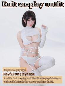 Sexy Cutout Knit Bikini Sweater Cosplay Set For Women – High Neck Anime-Inspired Doll Style Costume, 7-Piece Outfit With Top, Bikini, Gloves, Socks & Garter - 白色 - 查看 5