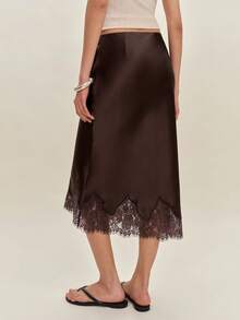 Women's Satin Midi Skirt Fashionable Elegant Solid Color Lace Hem Skirt For Party Work Daily Wear - 咖啡棕 - 查看 3