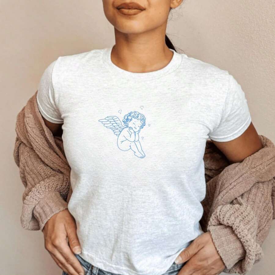 Cute Baby Tee, Angel Baby Tee, Vintage Angel Sweet Baby Tee, Cute, Y2k Baby Tee, Y2k - 白色 - 查看 1