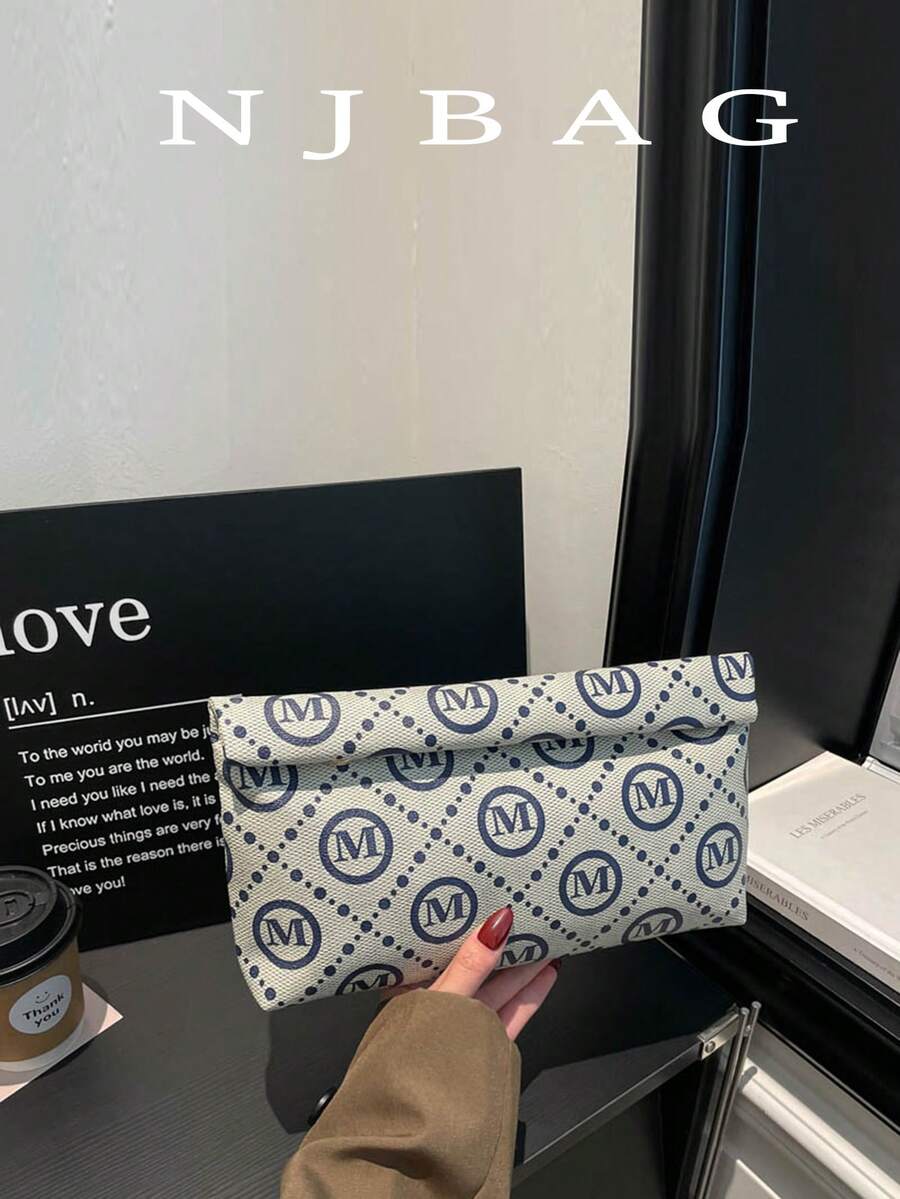 字母图案印花卷边手拿包，简约时尚休闲PU字母手拿包，信封包 - 灰色 - 查看 1