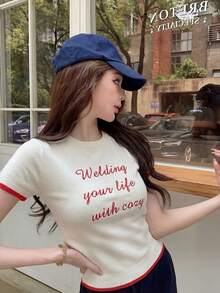 Women's Contrast Color Embroidery Slim Fit Knit Short Sleeve Sweater Top, Casual & Minimalist, Summer - Apricot - View 3