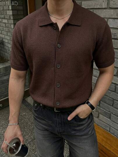 Men's New Casual Loose Solid Color Retro Elegant Commuting Style Polo Collar Button Front Cardigan Short Sleeve Knit Sweater