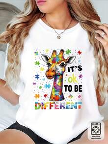Wo Autism Awareness T-Shirt - "It's OK To Be Different" Giraffe & Puzzle Piece Print Top Suitable For Autism Parents, Teachers, Carers - Casual Round Neck Tee, Machine Washable Autism Shirt - 白色 - 查看 1