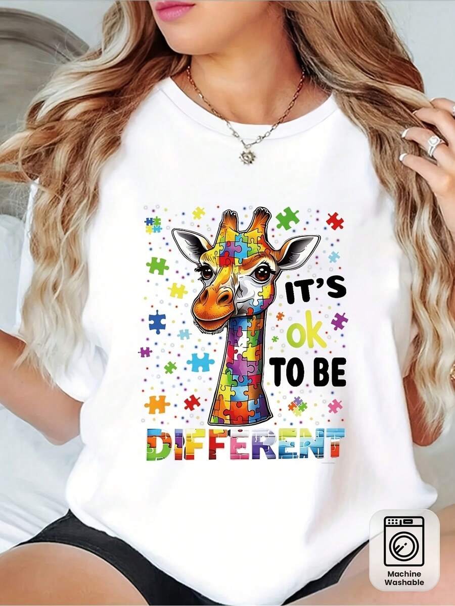 Wo Autism Awareness T-Shirt - "It's OK To Be Different" Giraffe & Puzzle Piece Print Top Suitable For Autism Parents, Teachers, Carers - Casual Round Neck Tee, Machine Washable Autism Shirt - 白色 - 查看 1