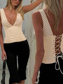 Women's Polka Dot Patchwork Slim Fit Versatile Daily Casual Top - Apricot - View 8