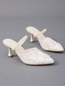 Giày cao gót thời trang mới, mũi nhọn, gót nhọn, giày cao gót nữ thích hợp cho công sở, tiệc tùng, thêu họa tiết, hở mũi. - màu trắng nhạt - Xem 5