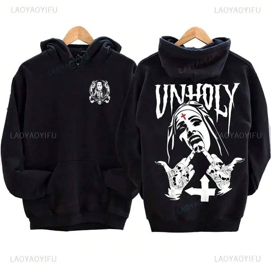Nuevas de moda de la temporada: Sudadera con capucha de forro polar con estampado de monja de hip-hop de The Bad Nun Satan Street, estilo Harajuku, informal, de manga larga, para otoño e invierno, para hombres antisociales. - negro -1 - Ver 1