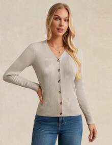 Women's Long Sleeve Button Up Cardigan Sweaters Ribbed Knit Open Front Casual - Oatmeal - View 5