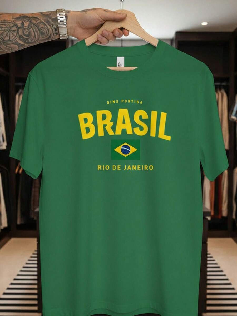 Unisex T-Shirt Supporting The Brazilian National Football Team Rio Short Sleeve Men's And Women's 100% Cotton, Casual, Crew Neck - 綠色 - 查看 1