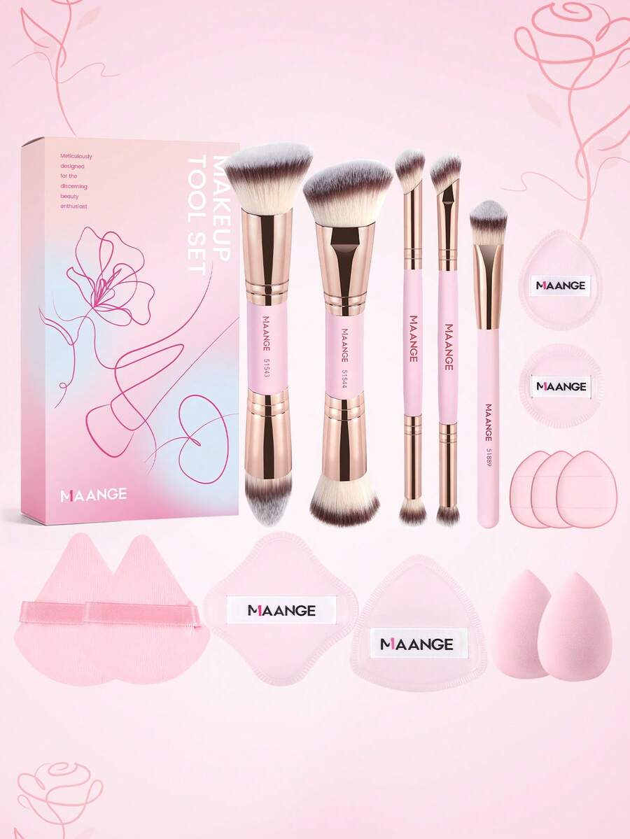MAANGE 4/16pcs Makeup Tool Set, Professional Dual-Ended Makeup Brush Set, 11pcs Accessories, Powder Brush, Blush Brush, Foundation Brush, Contour Brush, Eyeshadow Brush, Makeup Gift For Friends, Travel Makeup Brush Set. - Baby Pink - View 1