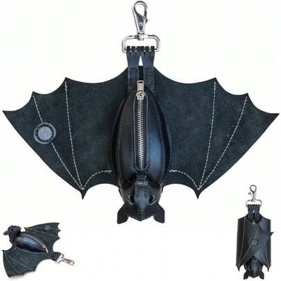 1 Handmade Gothic Bat Coin Purse With Wings |     Bat-Themed Zippered Coin Purse And Key Holder, Suitable For Bags And Belts - Elegant Faux Leather, Snap Closure, Includes A Lanyard - Accessory For Bat Enthusiasts