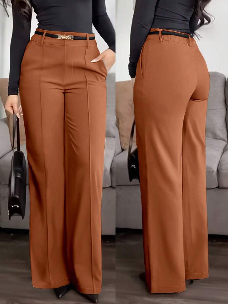 (No Belt) Solid Color Pocket Office Daily Commute Elegant Dress Pants - Brown - View 1