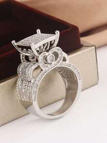 Nhẫn hình trái tim khảm đá Zirconia siêu nhỏ, thiết kế cổ điển với đầy đủ kim cương. - trắng - Xem 7