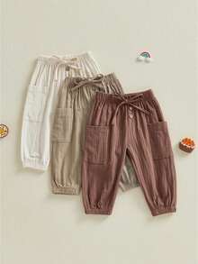 Unisex Baby Pants Pack Of 3 Toddler Boys Joggers Kids Girls Trousers Solid Color Elastic Waist Bottoms Soft Cotton Cargo Pants Casual Trousers - 紅棕色 - 查看 1