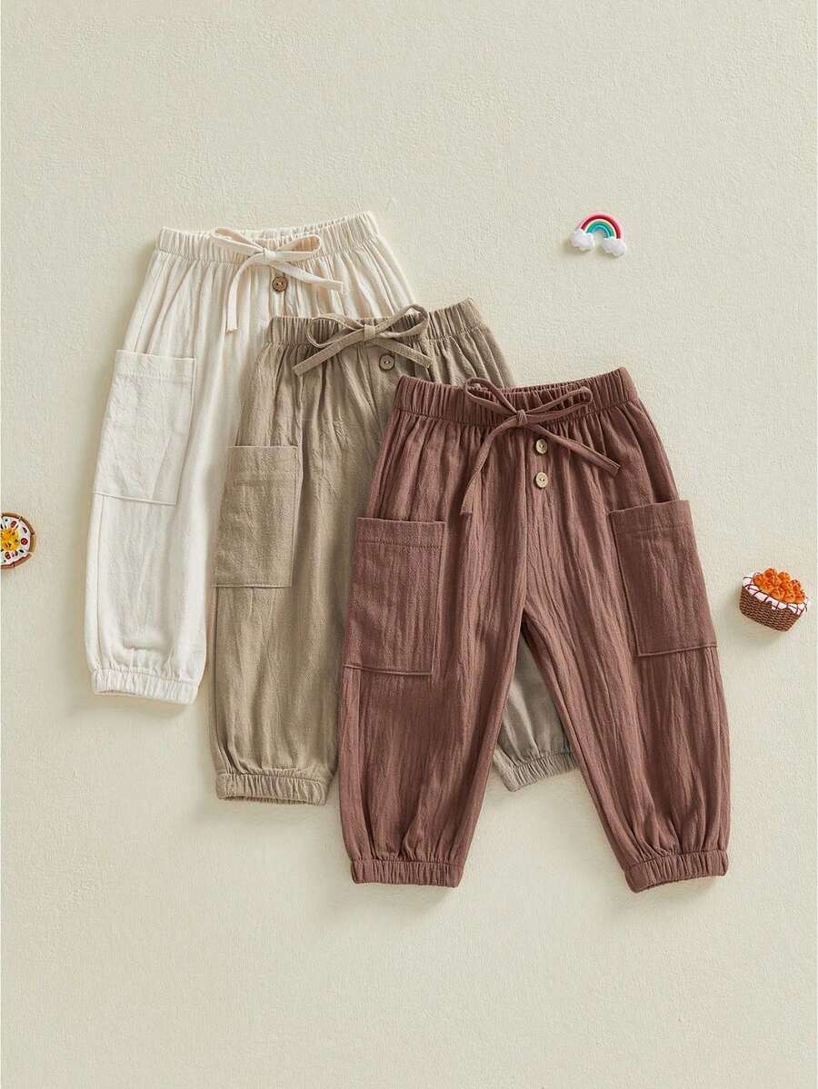 Unisex Baby Pants Pack Of 3 Toddler Boys Joggers Kids Girls Trousers Solid Color Elastic Waist Bottoms Soft Cotton Cargo Pants Casual Trousers - 紅棕色 - 查看 1