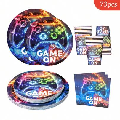 1 Set de suministros desechables para fiesta que incluye platos, servilletas, vasos para 16 invitados, adecuado para cumpleaños, bodas, fiestas temáticas, picnics familiares - Diseño de consola de juegos de llama
