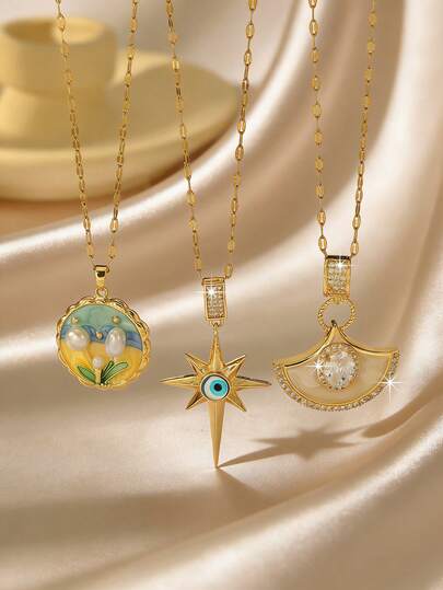 1件时尚珐琅珍珠圆形吊坠项链，独特的复古金色锁骨链，风格温柔，适合日常佩戴，适合作为节日、周年纪念日、生日礼物送给女朋友。