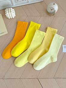 5 Pairs Random Yellow Tone Comfortable Breathable Mid-Calf Socks, Versatile Daily Wear - Multicolor - View 9