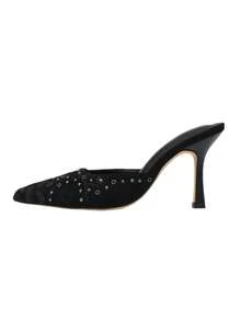 Black Sandals For Women Summer Women's Leopard Print Patchwork Stiletto Mules Pointed Toe Studded Slip-On High Heels Western Style Party Dress Shoes - 黑色 - 查看 8