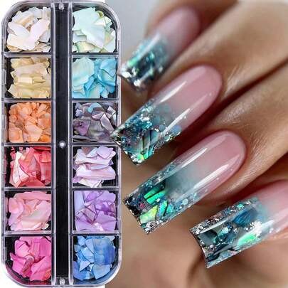 12 ô hình vỏ sò 3D bất đối xứng không gây dị ứng, trang trí móng tay nghệ thuật, sequin nàng tiên cá óng ánh nhiều màu sắc mùa hè, tương thích với gel UV, 12 màu sắc phụ kiện trang trí móng tay có họa tiết cho kiểu móng tay đi biển và dụng cụ làm móng nghệ thuật.