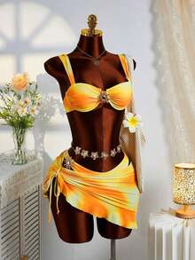3pcs Solid Color Tankini Swimwear Set, Wide Strap Design With Underwire For Comfortable Support, Fashionable Beach Style, Perfect For Summer Beach And Pool Party Vacation - Orange - View 8