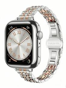 2件套双色银色玫瑰金表带表壳，兼容 38mm 40mm 41mm 42mm 44mm 45mm，奢华不锈钢表带和TPU表壳，兼容 Series 9 8 7 SE3 6 5 4 3 2 1，优雅金属表带手表保护套 - 銀間玫瑰金 - 查看 2