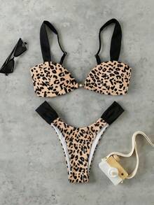 New Leopard Print Ruched Sexy Elegant Beach Vacation Party Swimsuit Set For Women, Spring/Summer - Multicolor - View 2