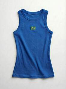 Controverso Women's Tank Top Brazil Ribbed Embroidered Blouse Flag Top Women's Premium - 藍色 - 查看 3