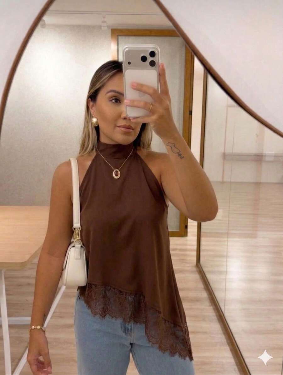 Women's Asymmetrical Cropped High Neck Halter Blouse With Lace Tie At The Neck - Boho Chic, Casual, Elegant,  Autumn/Winter Fashion - Rỉ Nâu - Xem 1
