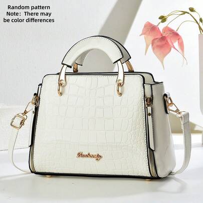 M MENGYISCC 2026 White Embossed Patent Leather Handbag, Women's Elegant Structured Top Handle Bag, Fashion Large Capacity Crossbody Bag, Multifunctional Shoulder Bag Suitable For Shopping, Office, School, Work, Business, Commuting, Outdoor Activities, Travel And Outings, Lightweight