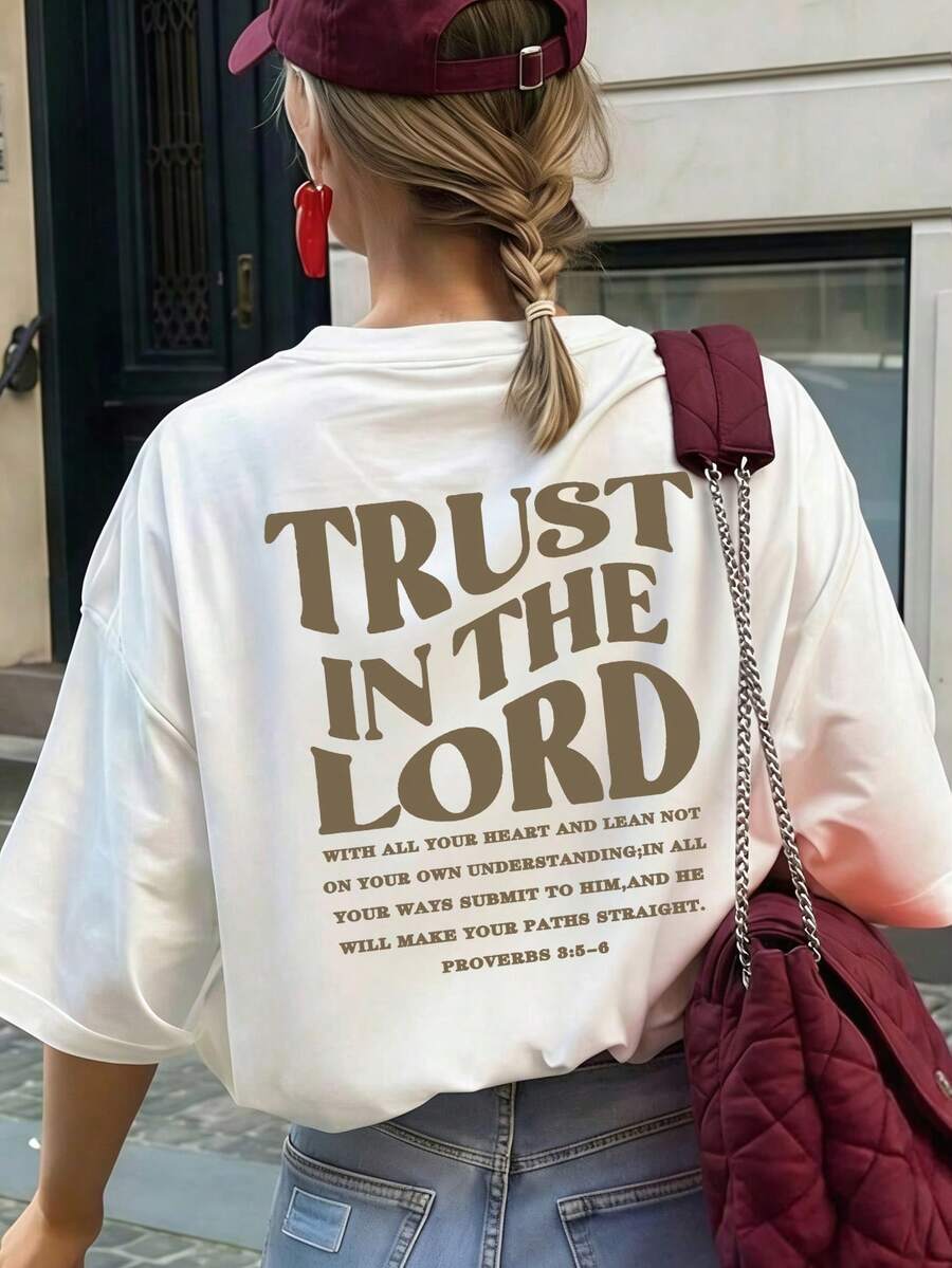 Áo thun nữ thời trang thường ngày in chữ "True In The Lord" cổ tròn tay ngắn, kiểu dáng tối giản, thanh lịch cho mùa xuân và hè, màu trắng. - trắng - Xem 1