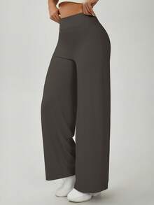 NcmRyu 1pc Women Solid Color Loose Fit High Waist Wide Leg Sports Pants - Coffee Brown - View 6