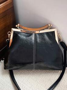 Women's PU Leather Crossbody Bag With Round Polka Dots, Vintage Style Handbag With Buckle Closure And Adjustable Shoulder Strap, Solid Color And Lightweight City Tote Bag - 黑與白 - 查看 8