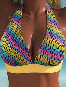 Women's Halter Neck Colorful Wavy Pattern Bikini Two-Piece Swimwear Vacation - Yellow - View 3
