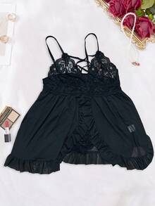Vestido de encaje con abertura en la entrepierna y diseño fruncido para mujer de talla grande y sexy - Negro - Ver 6