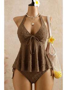 2026 European & American Style Lace Bikini, Halter Tie Ruffle Hem Tummy Control Two Piece Swimsuit For Hot Spring & Beach - Brown - View 2
