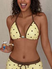 Bộ bikini tam giác chấm bi kiểu retro dành cho nữ, áo bơi đính hạt màu vàng nâu, thời trang cho tiệc bể bơi, kỳ nghỉ hè trên bãi biển. - Vàng nhạt - Xem 1