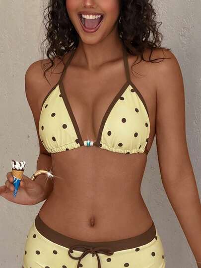 Bộ bikini tam giác chấm bi cổ điển màu vàng nâu đính cườm dành cho nữ, áo bơi thời trang, thích hợp cho tiệc bể bơi và kỳ nghỉ hè trên bãi biển.