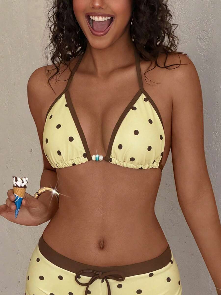 Bộ bikini tam giác chấm bi kiểu retro dành cho nữ, áo bơi đính hạt màu vàng nâu, thời trang cho tiệc bể bơi, kỳ nghỉ hè trên bãi biển. - Vàng nhạt - Xem 1