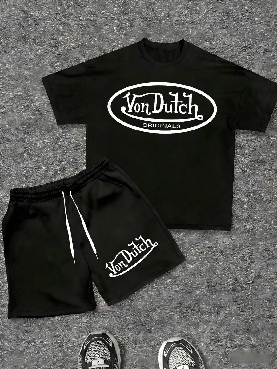 Mens Creative T Shirt And Shorts Set American Vintage Full Print Street Wear Essential T Shirt Set Men Graphic T Shirt And Shorts Set With Vonn Dutch Originals Logo Print - 黑色 - 查看 1