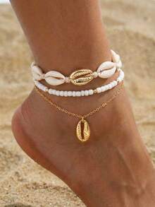 3pcs Bohemian Minimalist Beaded Chain Anklets, Multi-Layer Anklet Set For Summer Beach - Multicolor - View 1