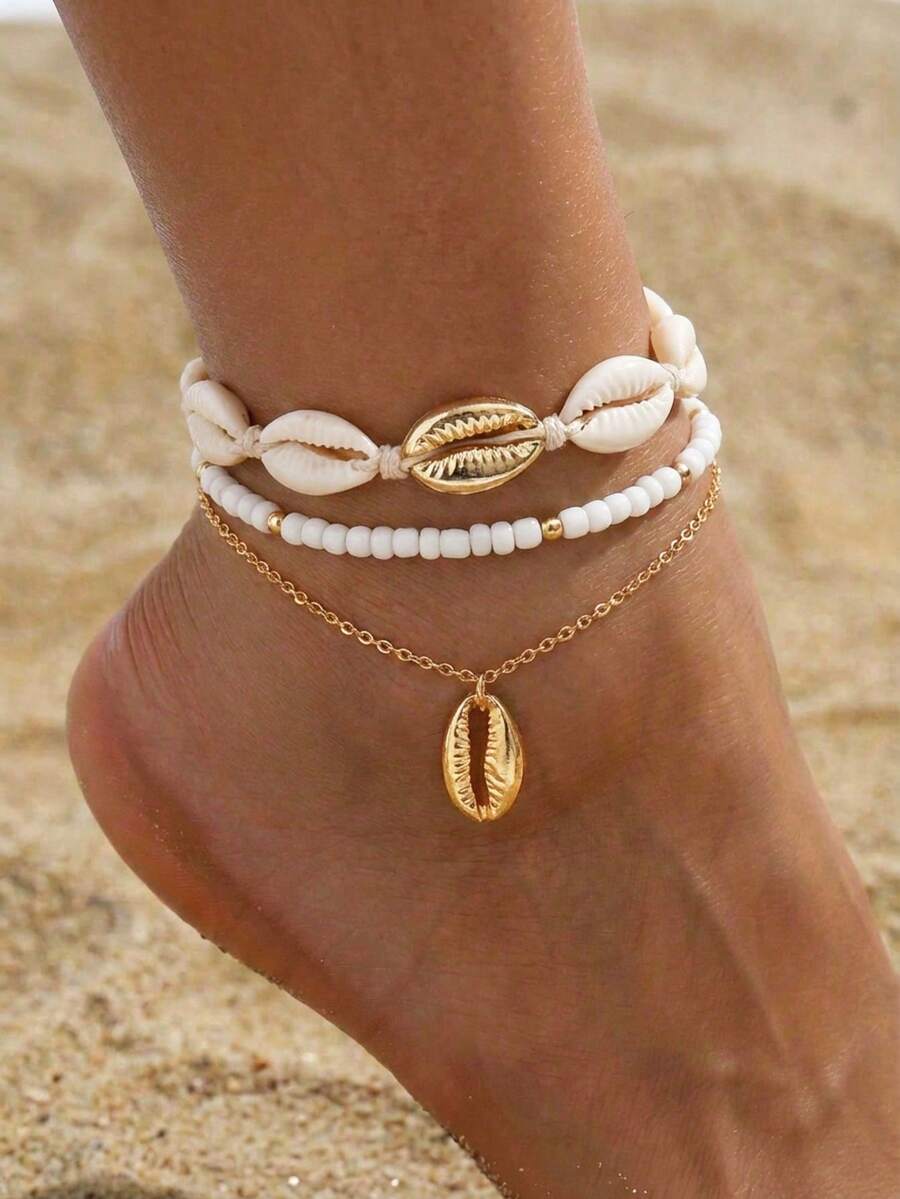 3pcs Bohemian Minimalist Beaded Chain Anklets, Multi-Layer Anklet Set For Summer Beach - Multicolor - View 1
