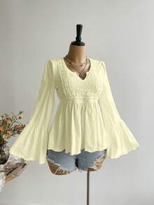 Rusttydustty Áo nữ tay loe màu vàng kiểu dáng thường ngày, phong cách Bohemian, thích hợp cho lễ Phục sinh, đi biển, Hawaii, lễ hội âm nhạc Coachella, kỳ nghỉ nhiệt đới. - Vàng nhạt - Xem 5
