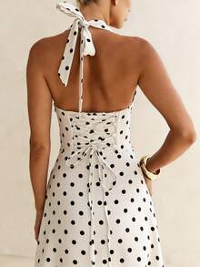 Women Dress Vintage Retro 90s Maxi Long Halter Deep V Neck Backless Crisscross Lace Up Corset Polka Dot Spring Summer Vacation Party Daily Going Out - 白色 - 查看 3