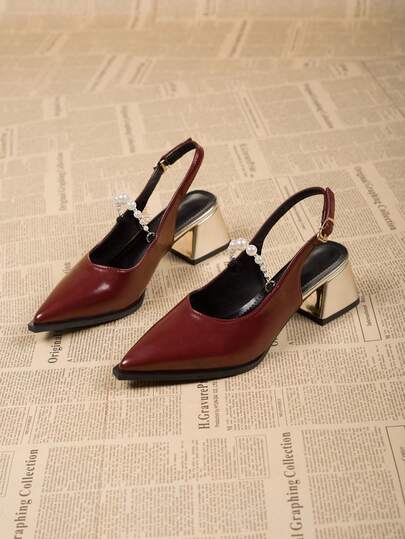 Tacones altos de estilo retro francés de color vino tinto con tacón grueso para mujeres, sandalias de punta puntiaguda con decoración de perlas y sin talón trasero, tacón estable y versátil para el trabajo