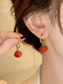 一对镀金番茄/红椒珐琅耳环，适合女士日常佩戴 - 番茄 - 查看 1