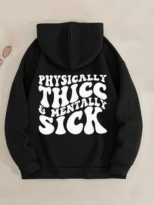 Women's Y2K Oversized Hoodie With "Physically Thick Mentally Sick" Slogan Print - Black & White Casual Pullover Sweatshirt, Kangaroo Pocket, Drawstring Hood, Thick Fabric For Fall/Winter, Body Positive Statement Wear - màu đen - Xem 8