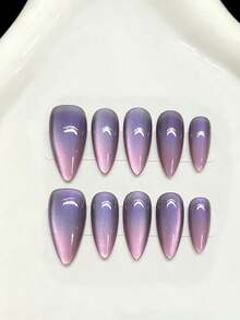 10pcs Medium Almond-Shaped Handmade Nail Stickers, Suitable For Parties And Daily Wear, Pink Series; 10pcs Dreamy Blue Cat Eye Charming Cool Girl Handmade Nail Stickers, Summer Nails; 10pcs Y2K Style Handmade Nail Stickers, Shiny And Bright, Summer Nails, Suitable For Girls And Ladies For Holidays, Parties And Daily Wear - Blue - View 1